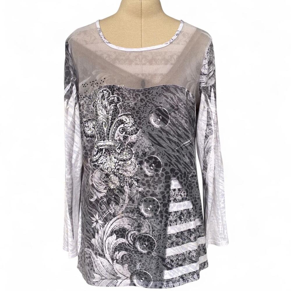 Y2k mesh rhinestone graphic long sleeve, size L